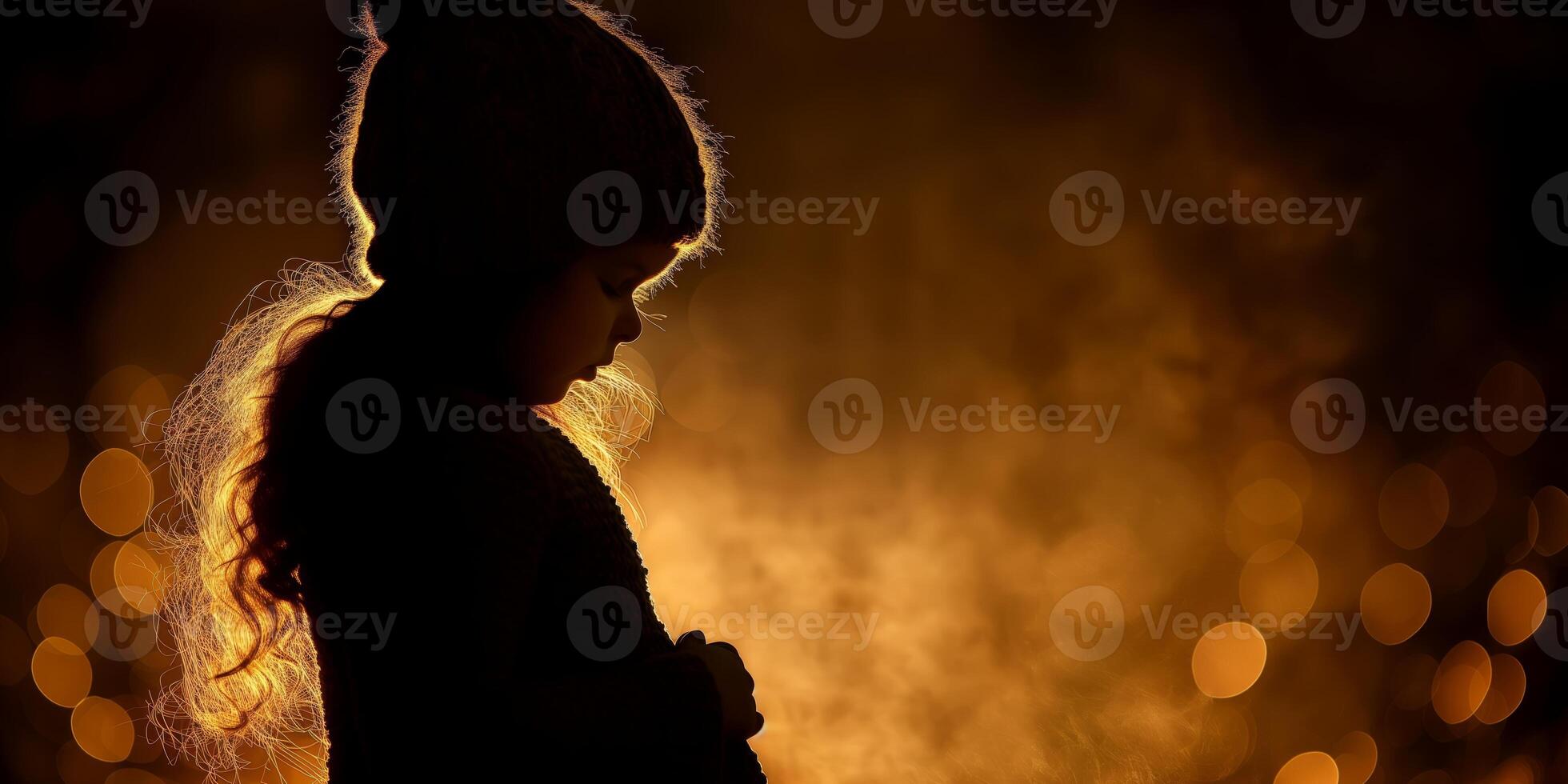 AI generated Silhouette of a young girl with warm backlight and bokeh effect photo