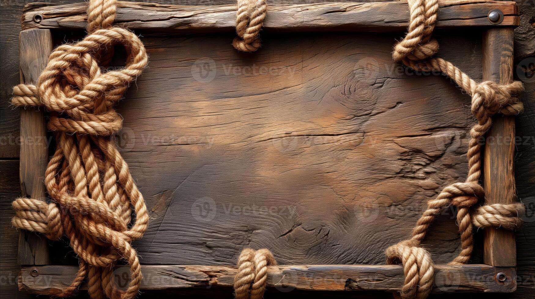 AI generated Rustic nautical rope frame on aged wooden background for maritime concepts photo