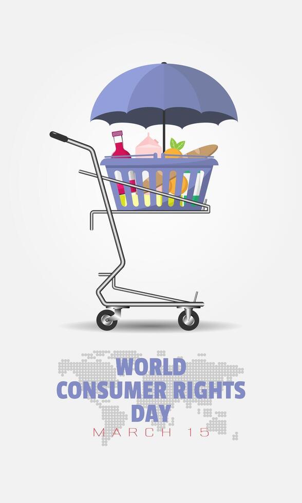 mundo consumidor derechos día póster con compras carretilla vector