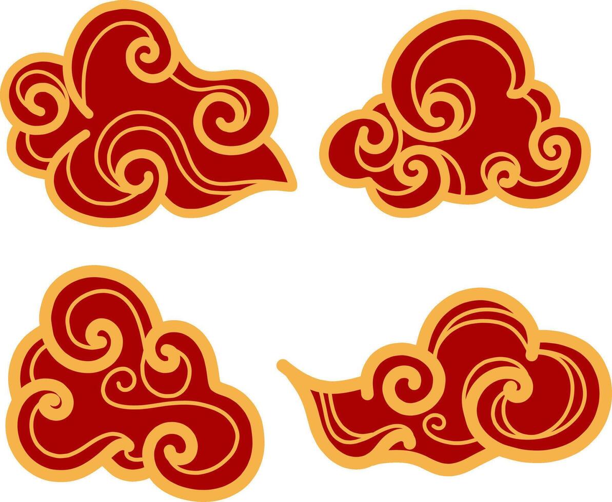 Chinese Folklore Cloud Red and Golden Traditional Vector Illustration