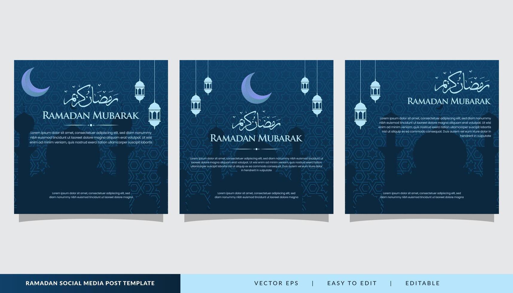 conjunto de Ramadán kareem saludo texto antecedentes diseño con islámico ornamento y linterna en lujo color azul modelo vector