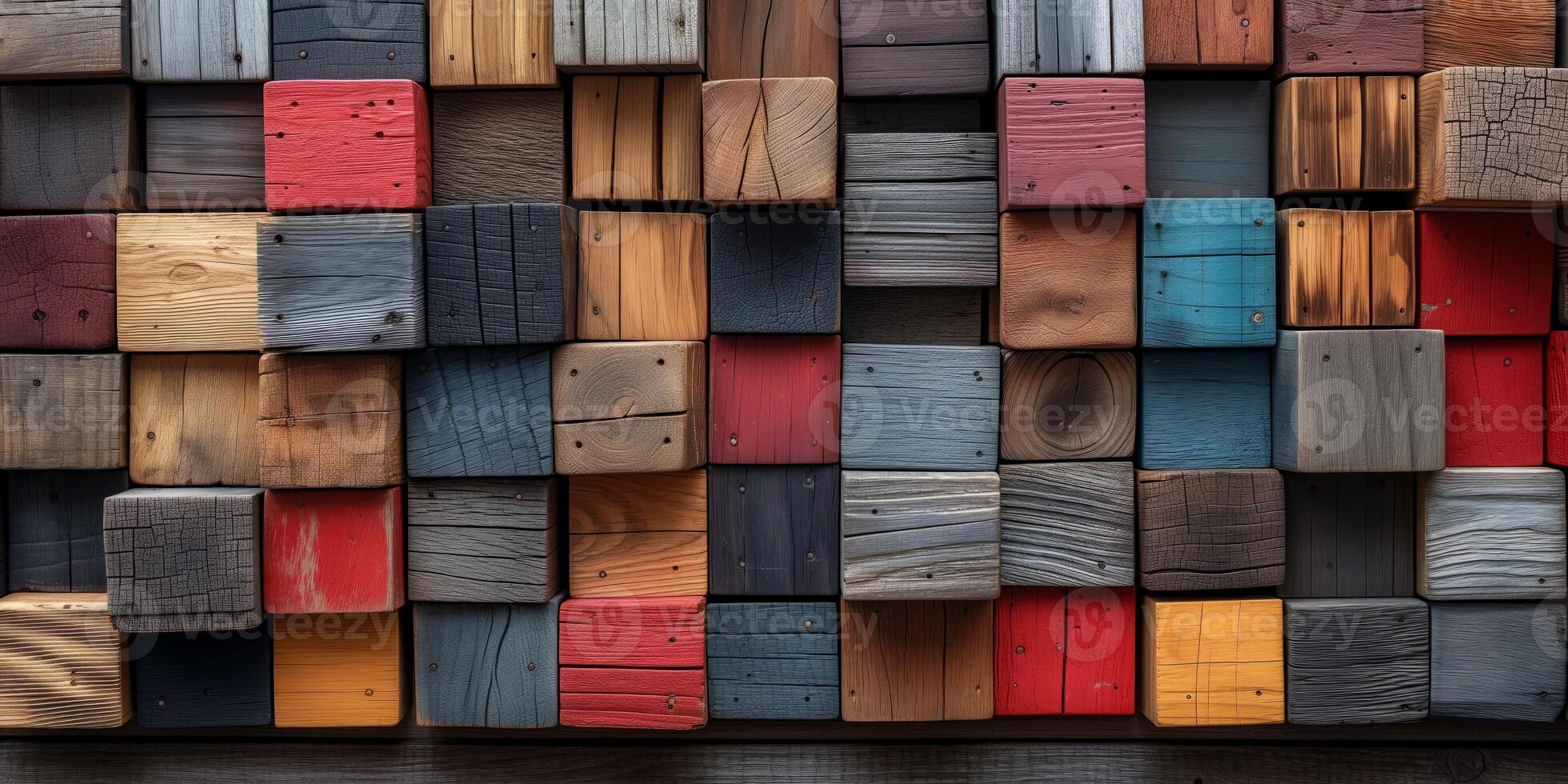 AI generated Varied textured wooden blocks wall with colorful patterns photo
