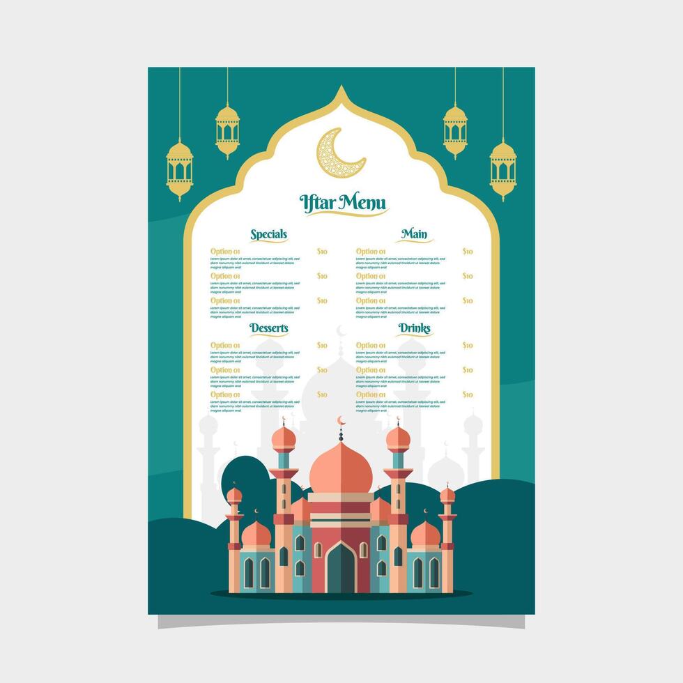 Arábica restaurante iftar menú. Ramadán islámico saludo tarjeta con mezquita ilustración vector