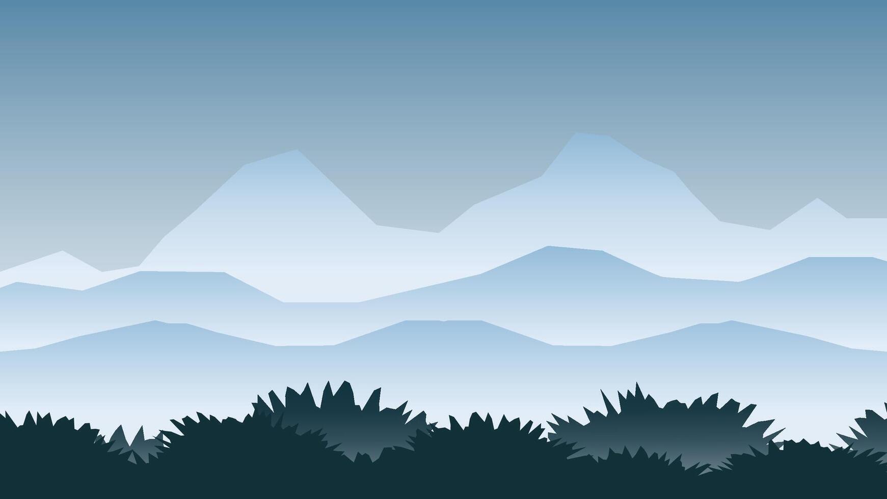 paisaje escena. montaña antecedentes con niebla y silueta bosque vector