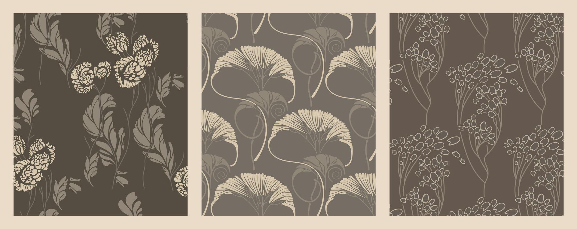 vintage art nouveau ornament Foliage and flora texture seamless pattern set vector