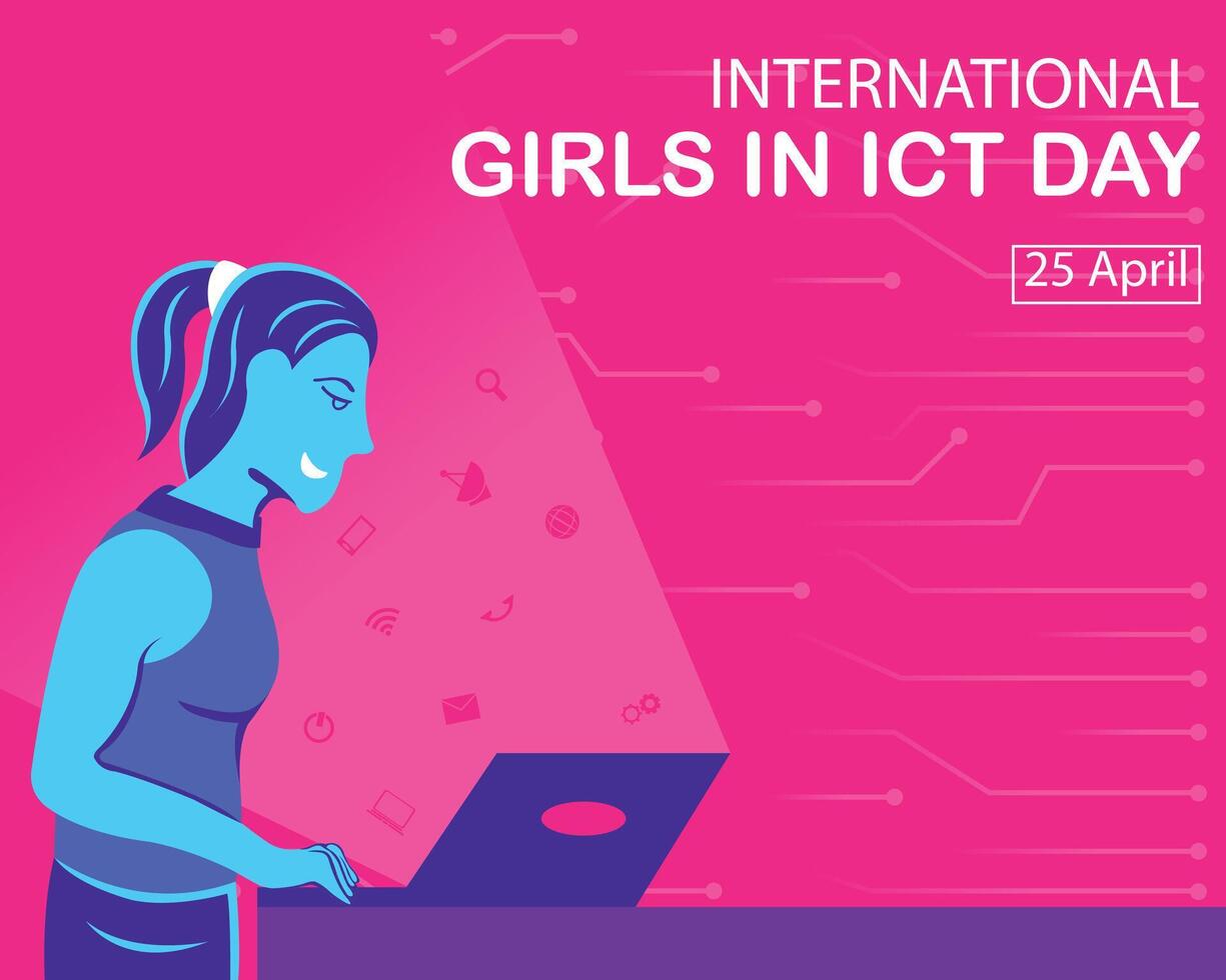 illustration vector graphic of a woman is using a laptop, displaying digital icons coming out of the laptop screen, perfect for international day, international girls in ict day, celebrate.