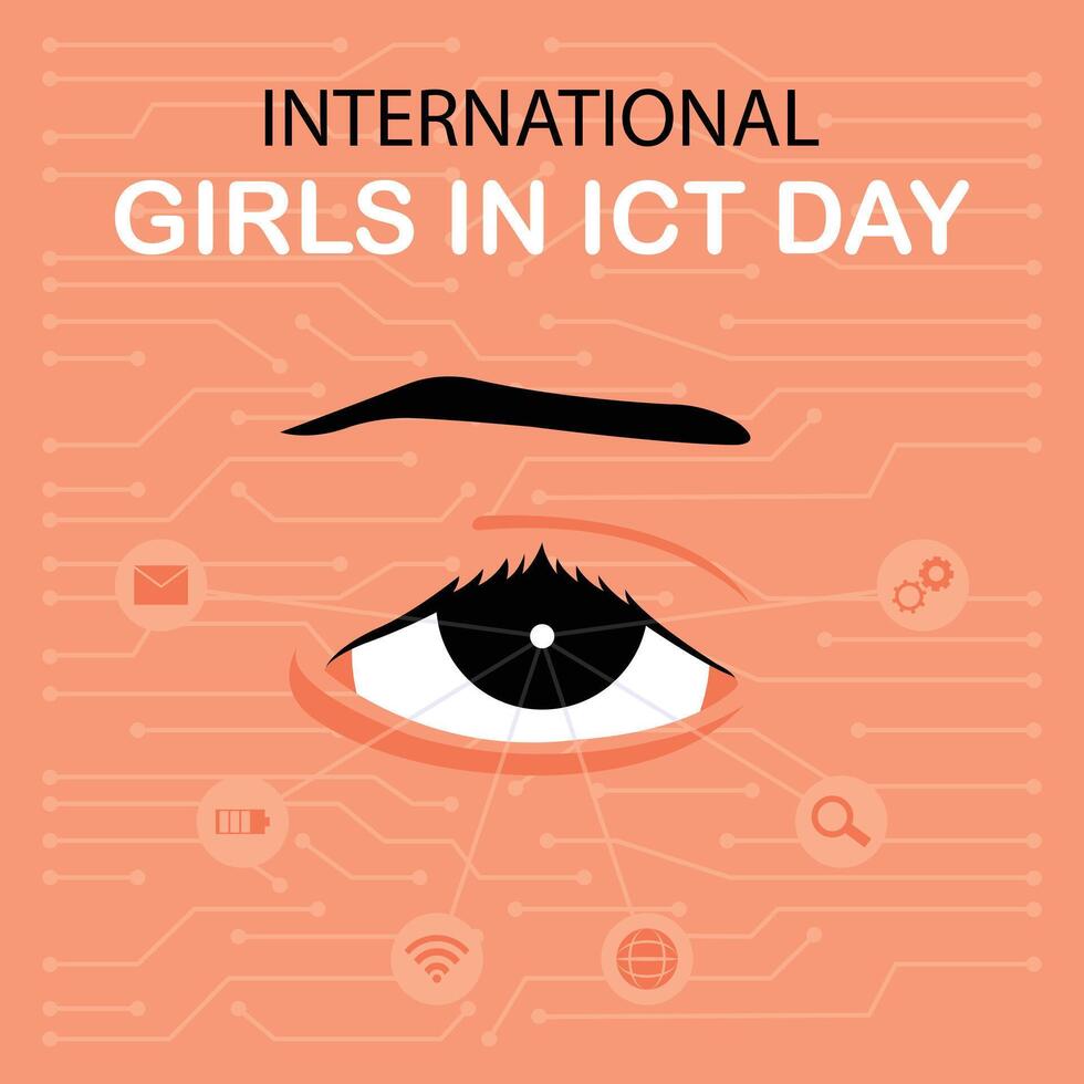 illustration vector graphic of a woman's eyes look at some digital icons, perfect for international day, international girls in ict day, celebrate, greeting card, etc.