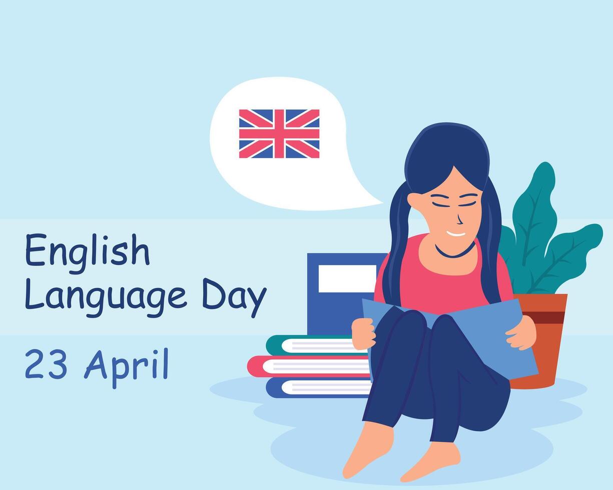 illustration vector graphic of a woman is sitting and reading a book, showing speech bubbles, perfect for international day, english language day, celebrate, greeting card, etc.