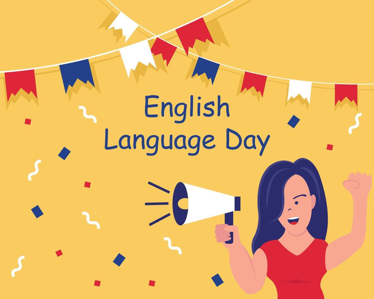 illustration vector graphic of a woman is using a megaphone to communicate, perfect for international day, english language day, celebrate, greeting card, etc.