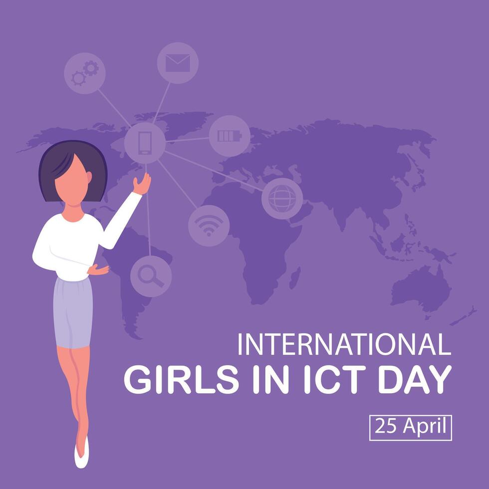 illustration vector graphic of a woman is showing a digital icon, showing a world map, perfect for international day, international girls in ict day, celebrate, greeting card, etc.