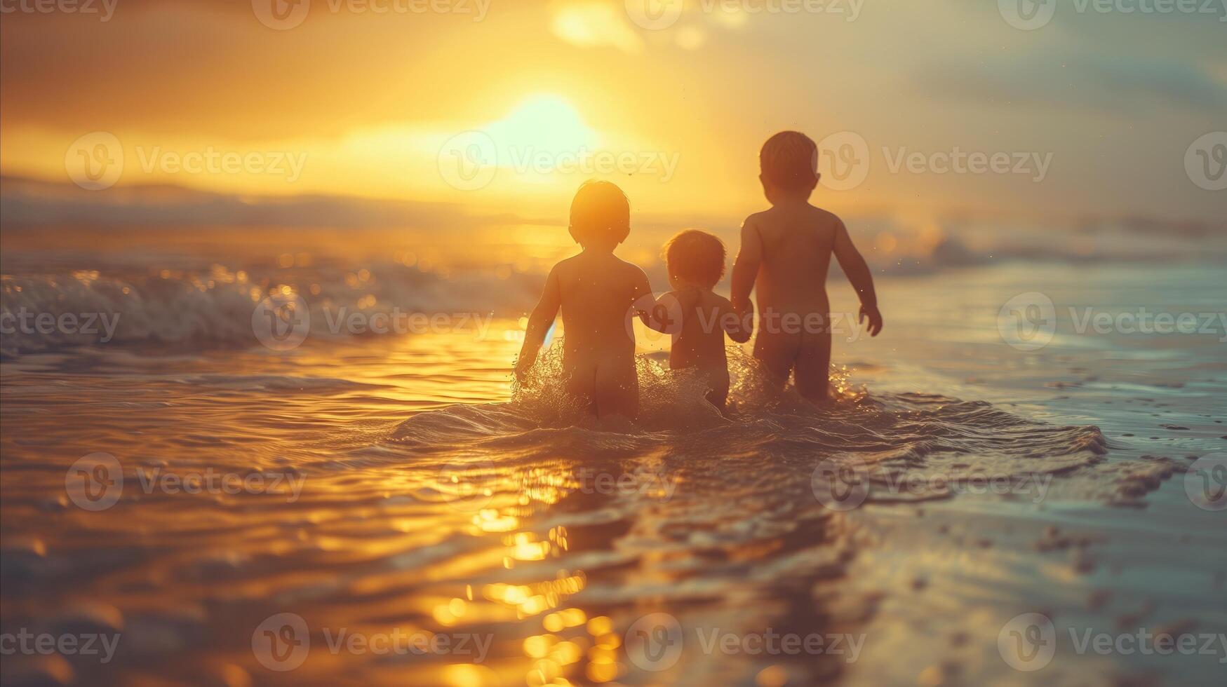 AI generated Children Walking Into Ocean at Sunset photo