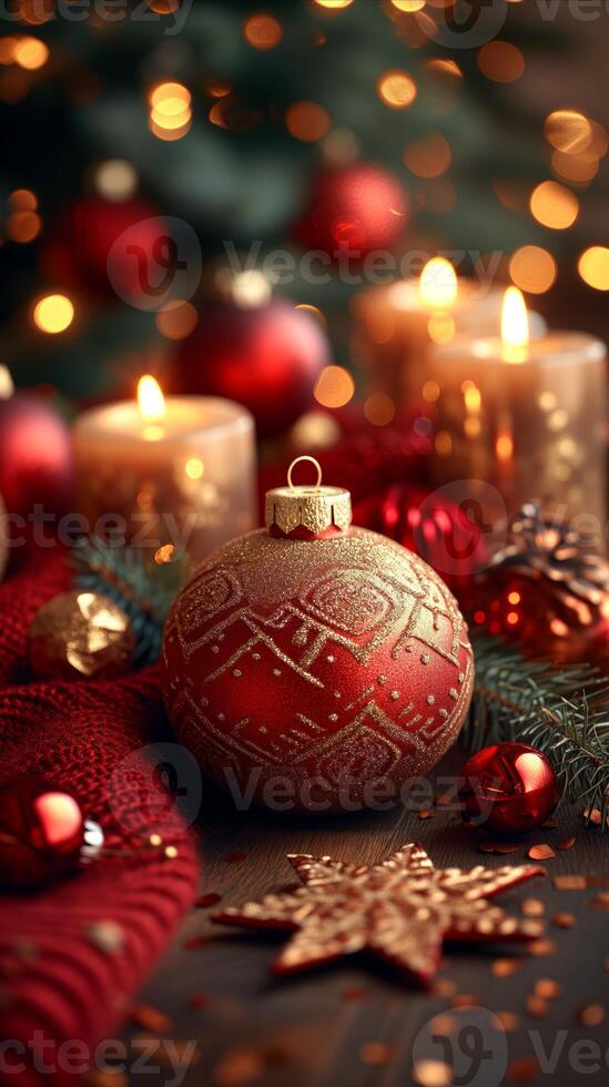 AI generated Table With Candles and Christmas Ornaments photo