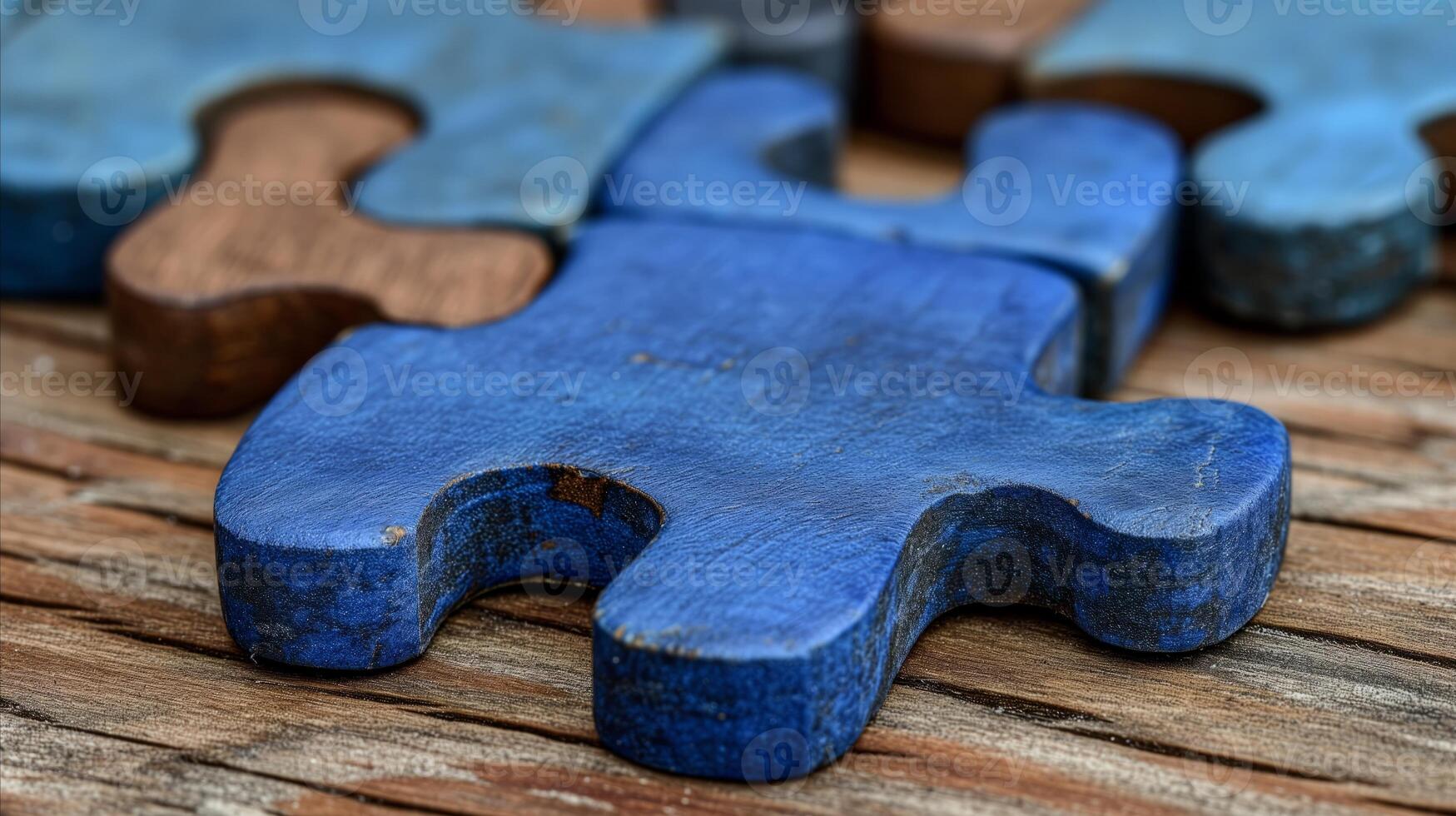 AI generated Close-up of a blue wooden puzzle piece on textured surface photo