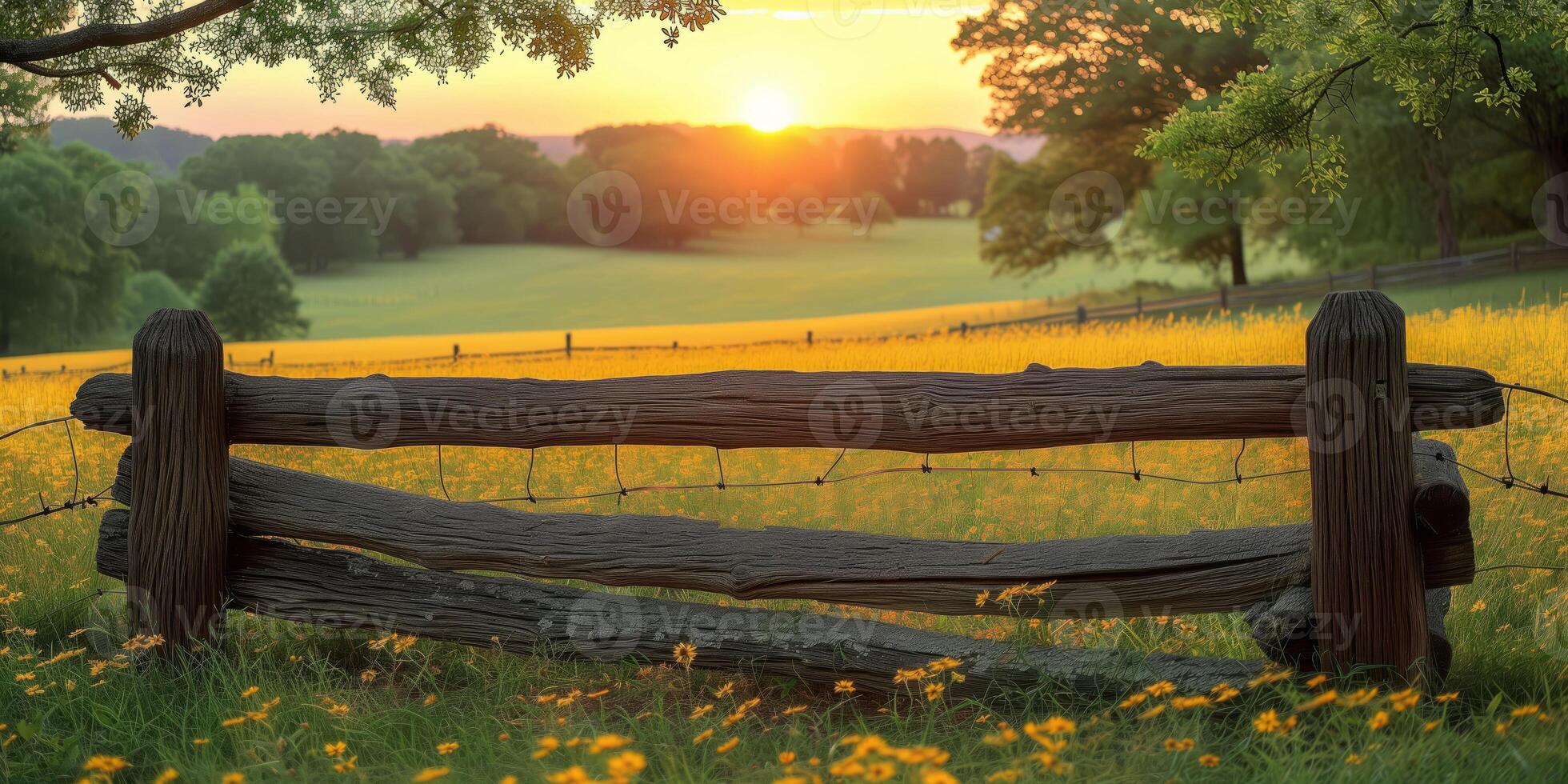 AI generated Fence in Field With Sunset in Background photo