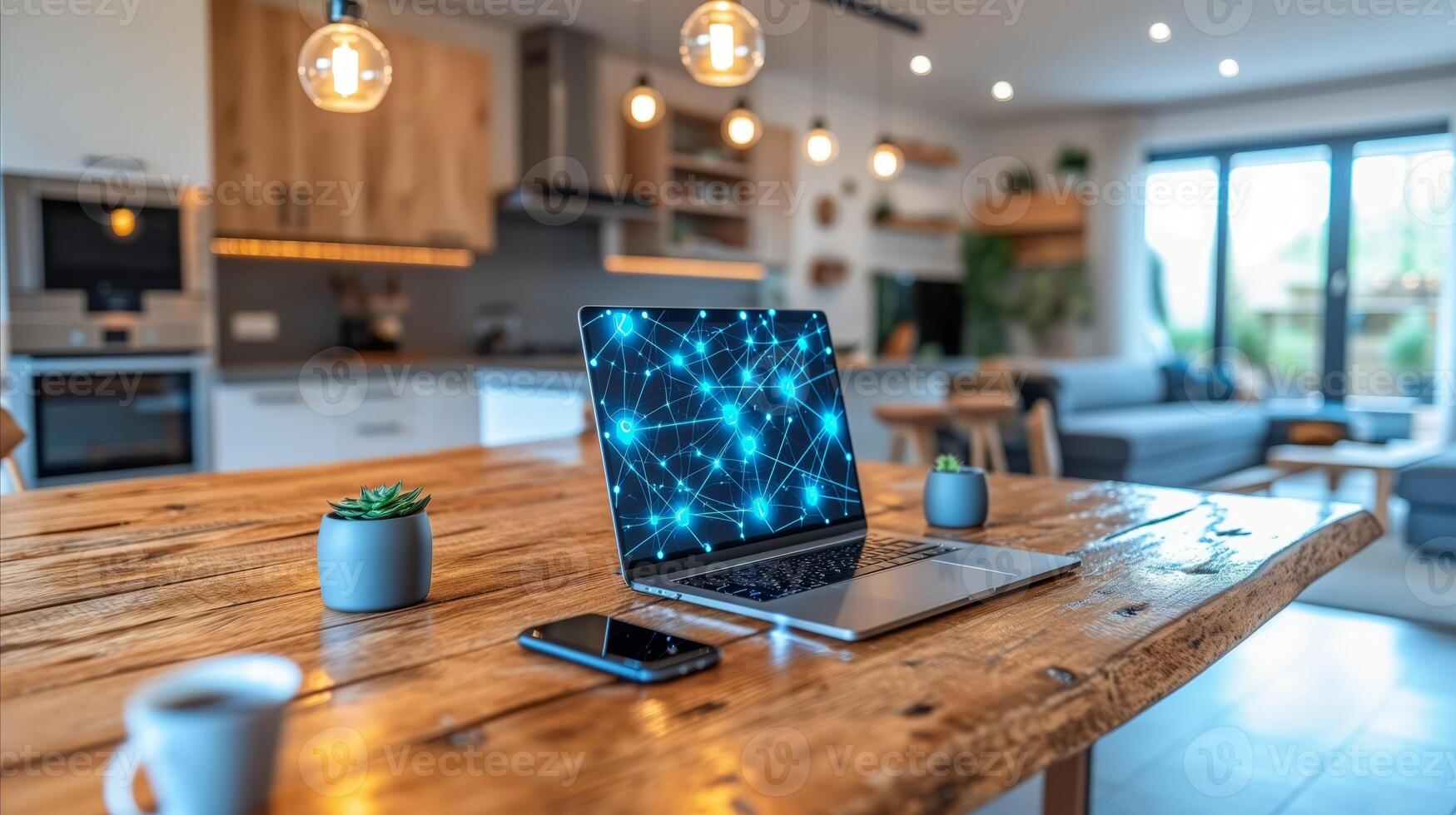 AI generated Modern home office setup with laptop displaying futuristic network photo