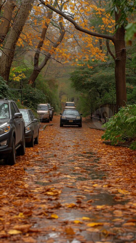 AI generated Autumn street scene with parked cars and fallen leaves photo