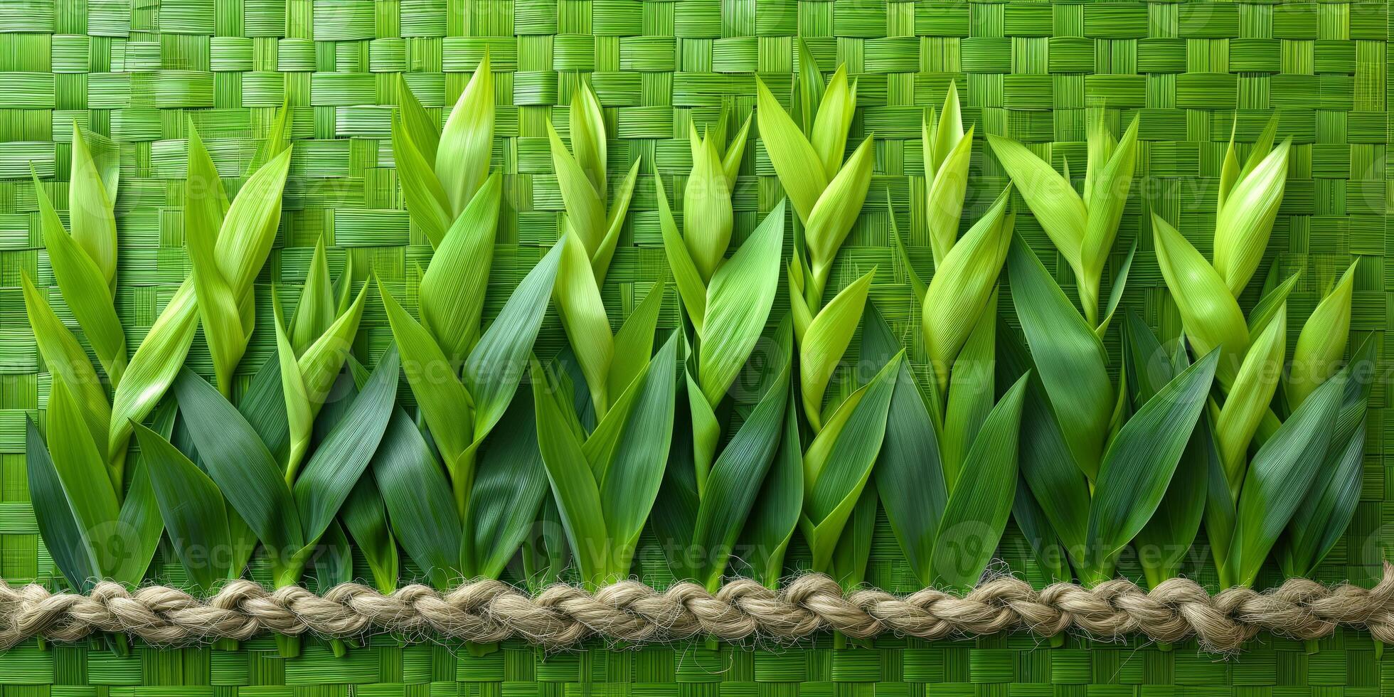 AI generated Green leaves emerging from woven background with twine photo