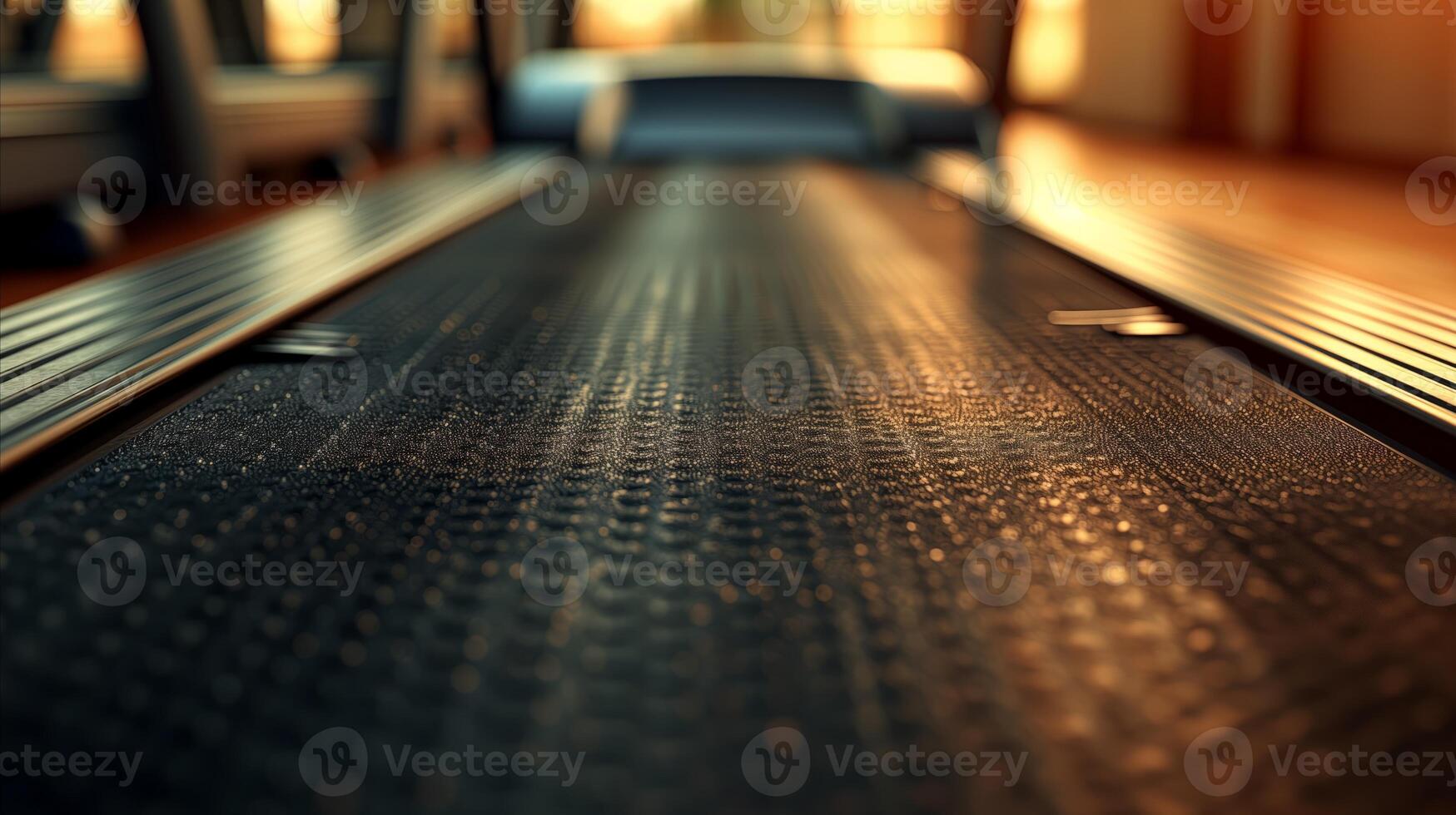AI generated Close-up of treadmill in a gym setting with warm ambient lighting photo