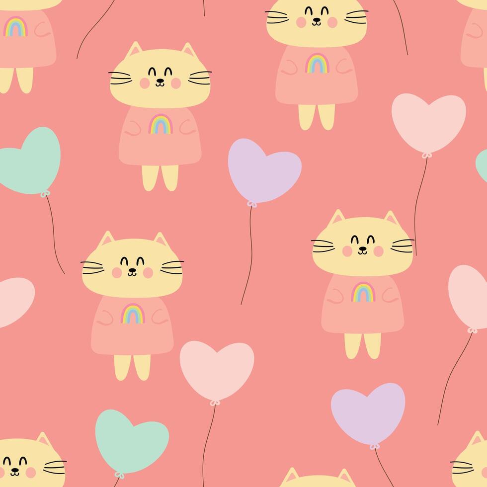 Seamless pattern cartoon cats and colorful balloons in the shape of love. cute wallpaper for gift wrapping paper, cute wallpaper for textiles vector