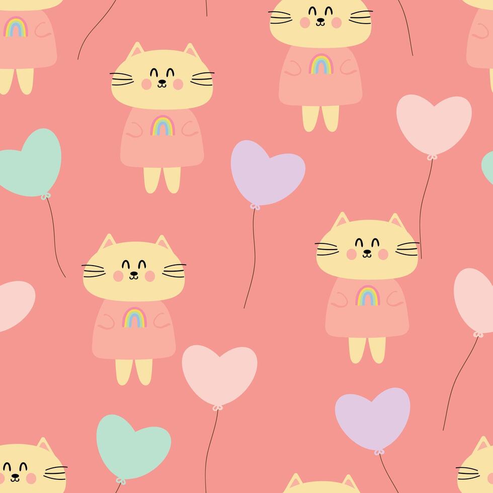 sin costura modelo dibujos animados gatos y vistoso globos en el forma de amor. linda fondo de pantalla para regalo envase papel, linda fondo de pantalla para textiles vector