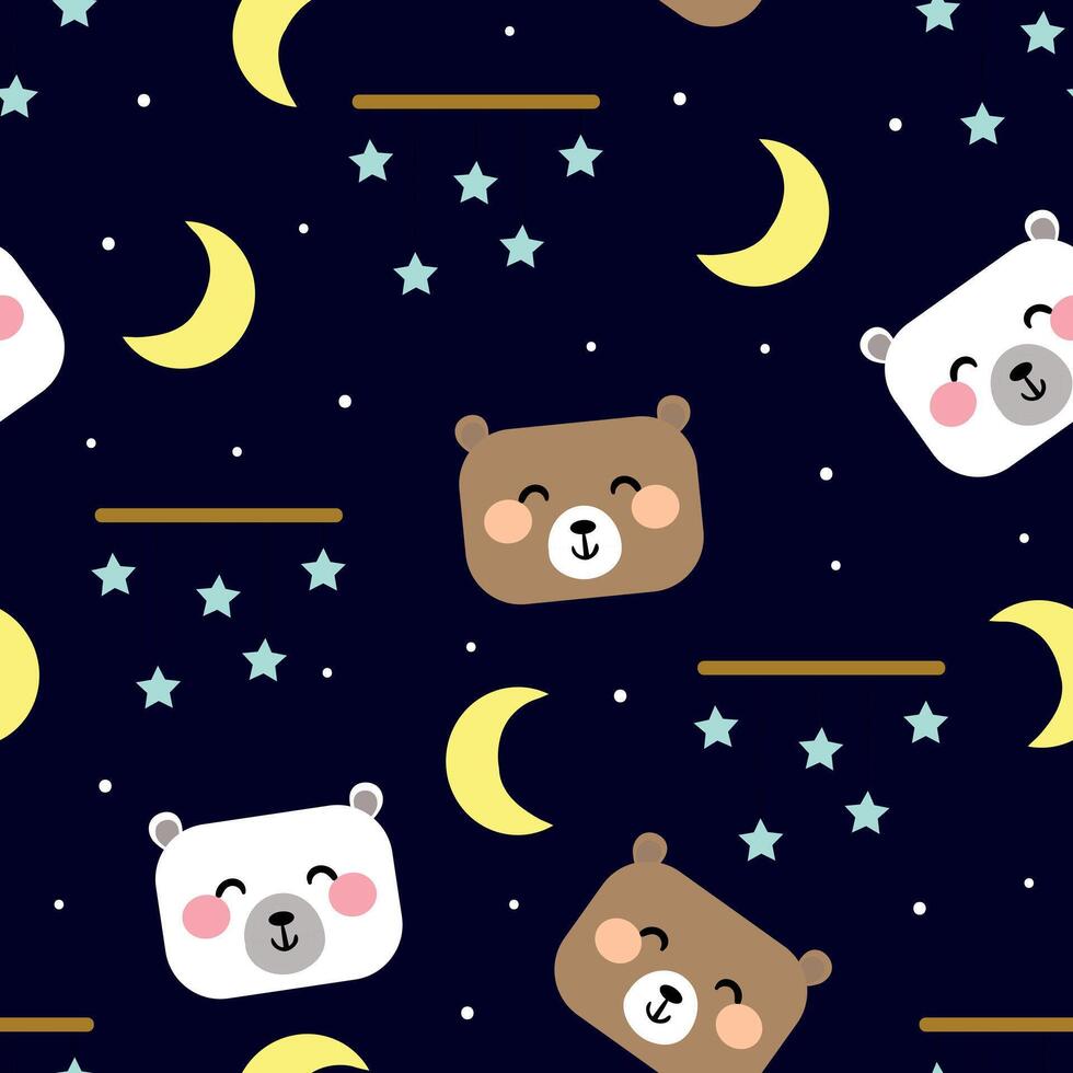 Cute seamless pattern cartoon bears with cute stars and moons. dark blue background animal wallpaper for children, textiles, children's sleepwear, fabric prints, gift wrapping paper vector