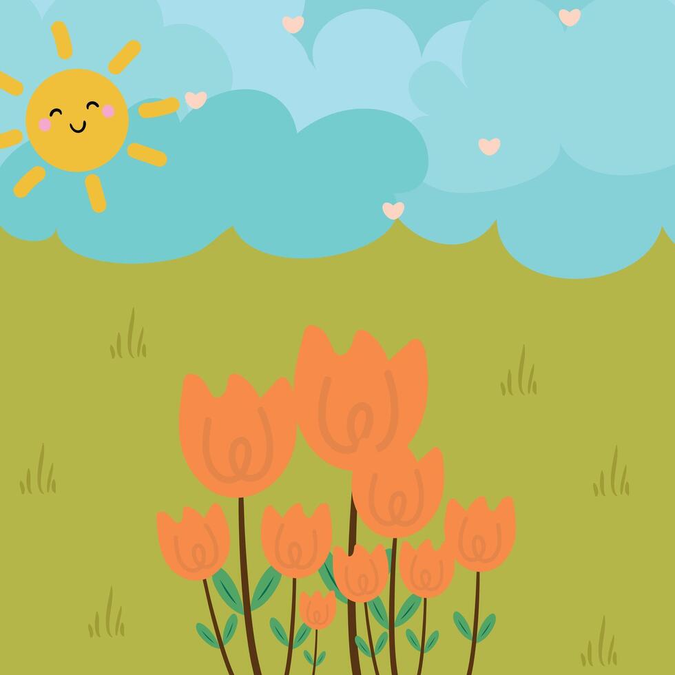 Illustration of kawaii tulips with a beautiful view with cute handwriting. cute flower wallpapers, backgrounds and cards vector