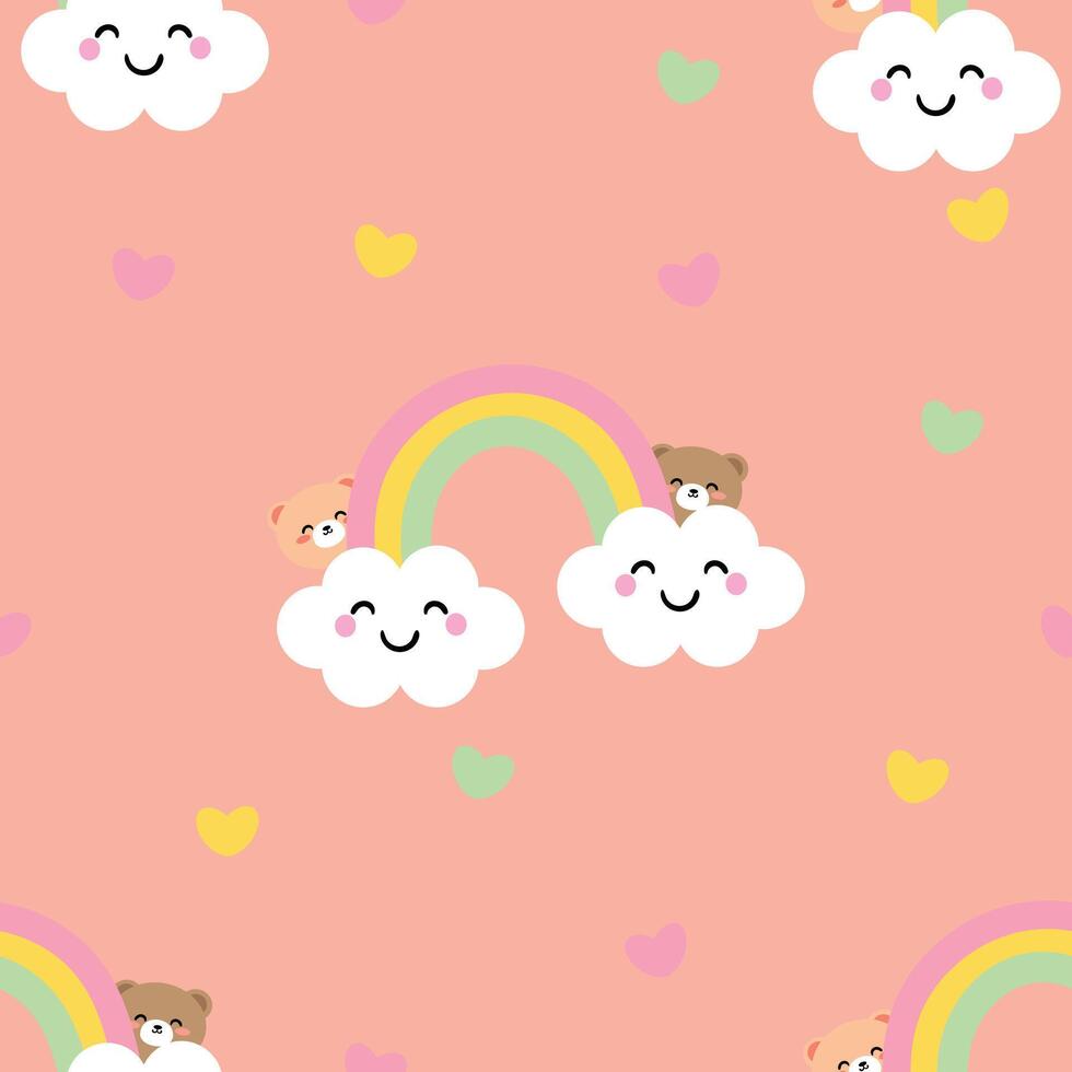 Seamless pattern with cute cartoon bears, rainbows and smiling clouds for fabric print, textile, gift wrapping paper. children's colorful vector, flat style vector