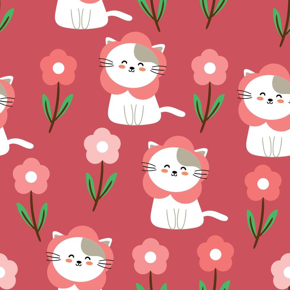 Seamless pattern with cute cartoon colorful cats and flowers, for fabric print, textile, gift wrapping paper. children's colorful vector, flat style vector