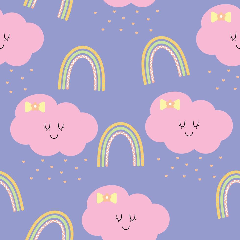 Seamless pattern cartoon clouds and rainbow. cute wallpaper for gift wrapping paper, cute wallpaper for textile vector