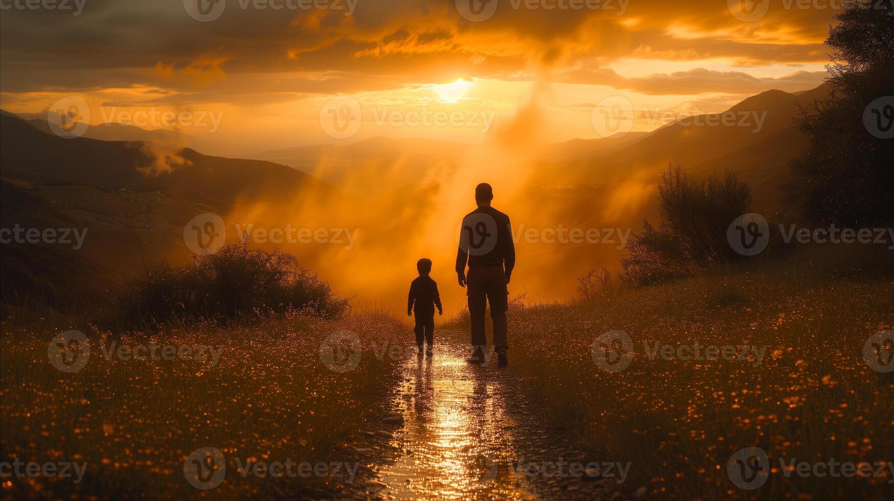 AI generated Father and son walking on path in golden sunset landscape photo