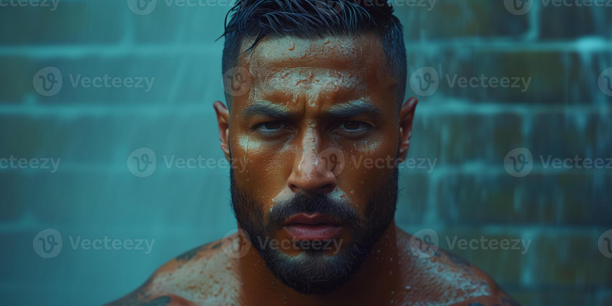 AI generated Intense male athlete resting with sweat on face against brick wall photo
