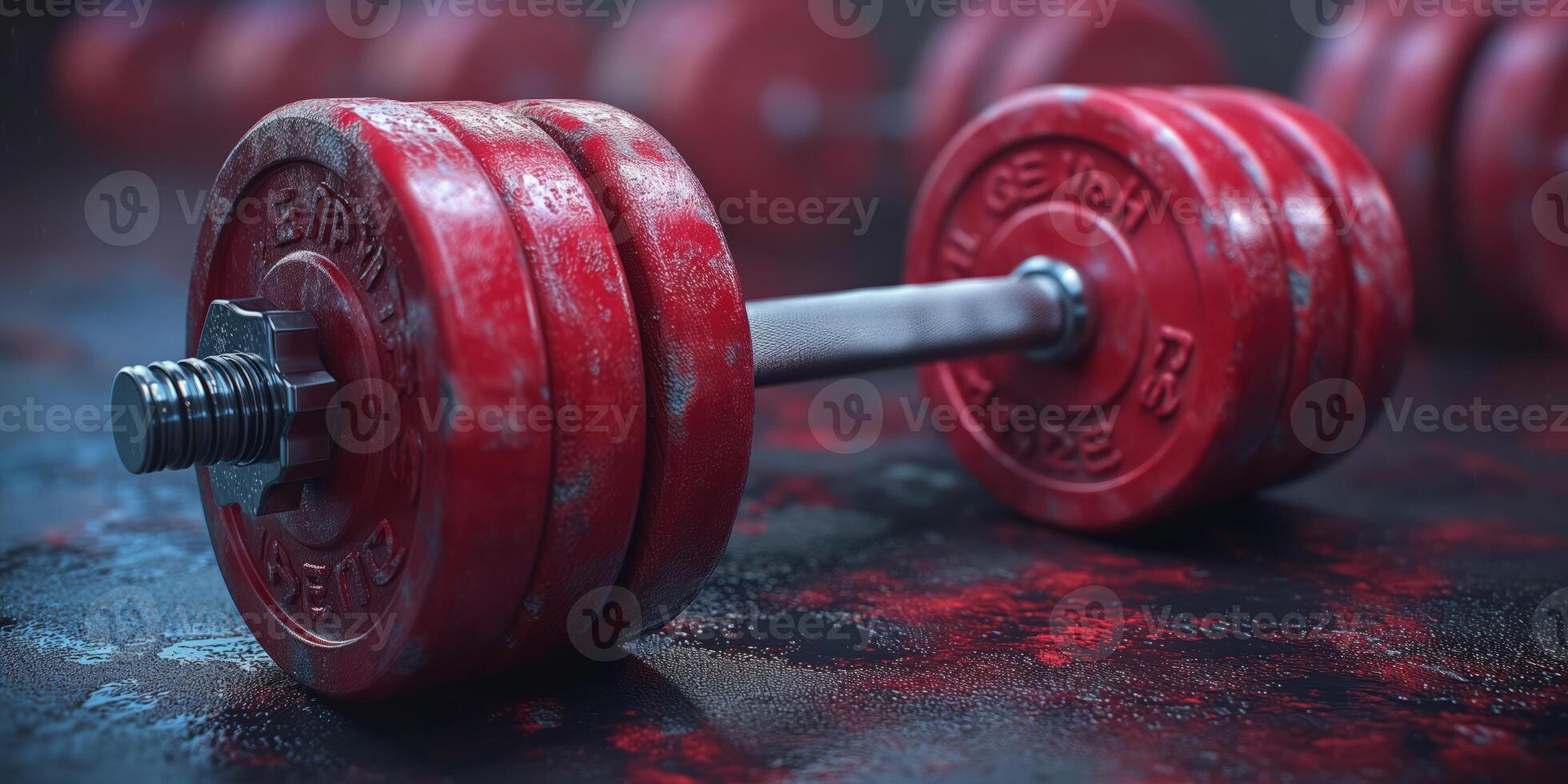AI generated Red gym dumbbells on black textured surface, workout equipment photo