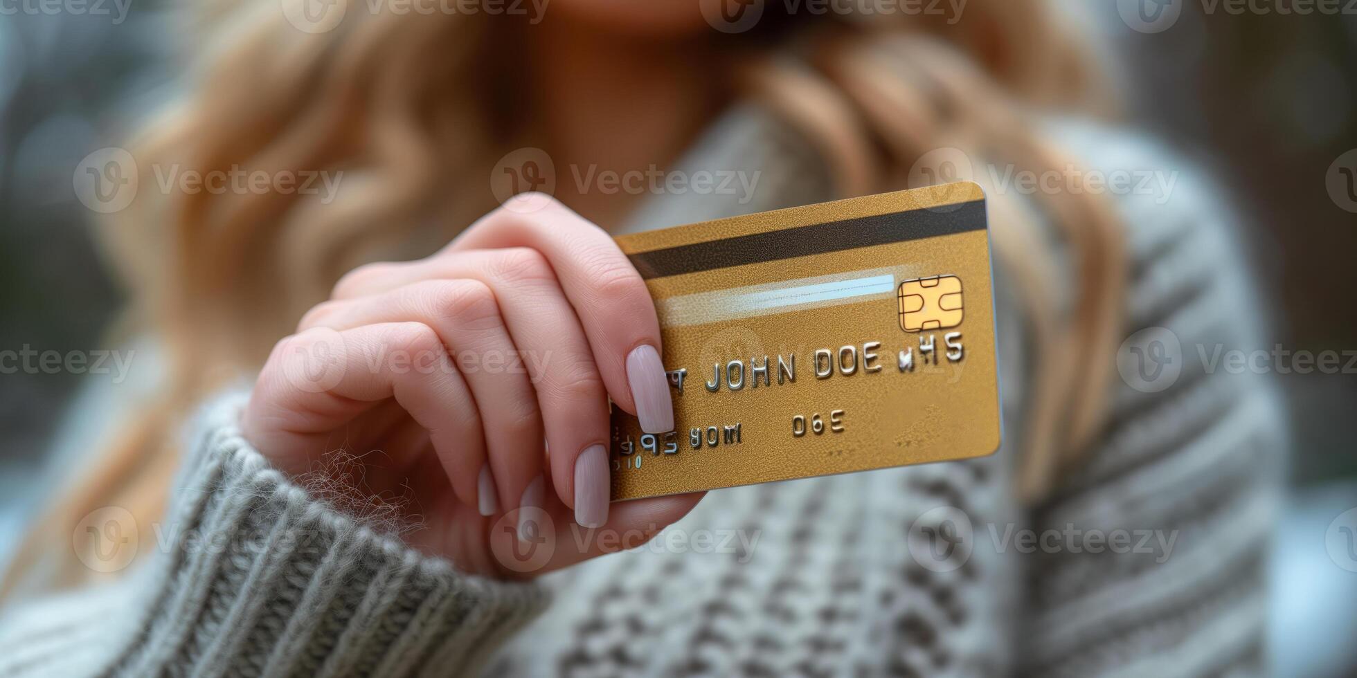 AI generated Close-up of hand holding a gold credit card in winter setting photo