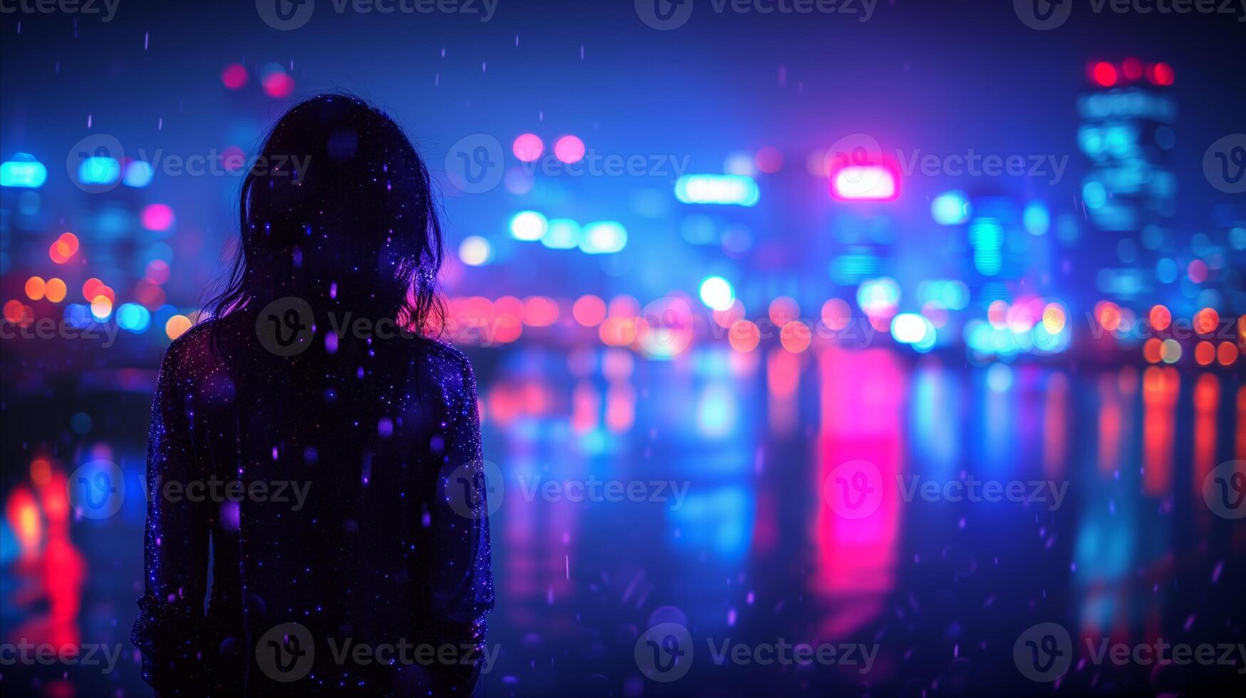 AI generated Mysterious woman in rain against colorful city lights at night photo