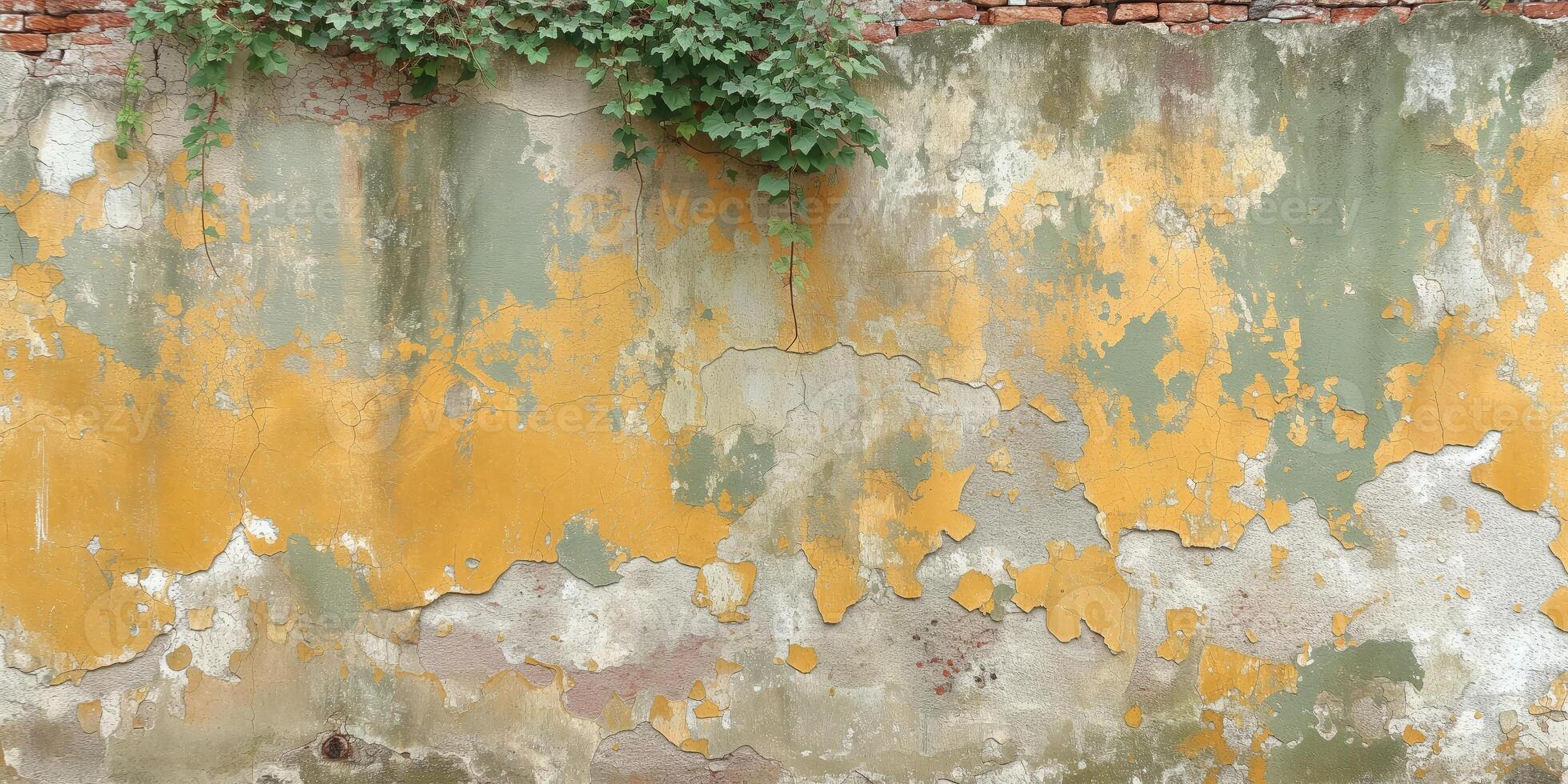 AI generated Aged wall with peeling yellow paint and ivy overgrowth texture photo