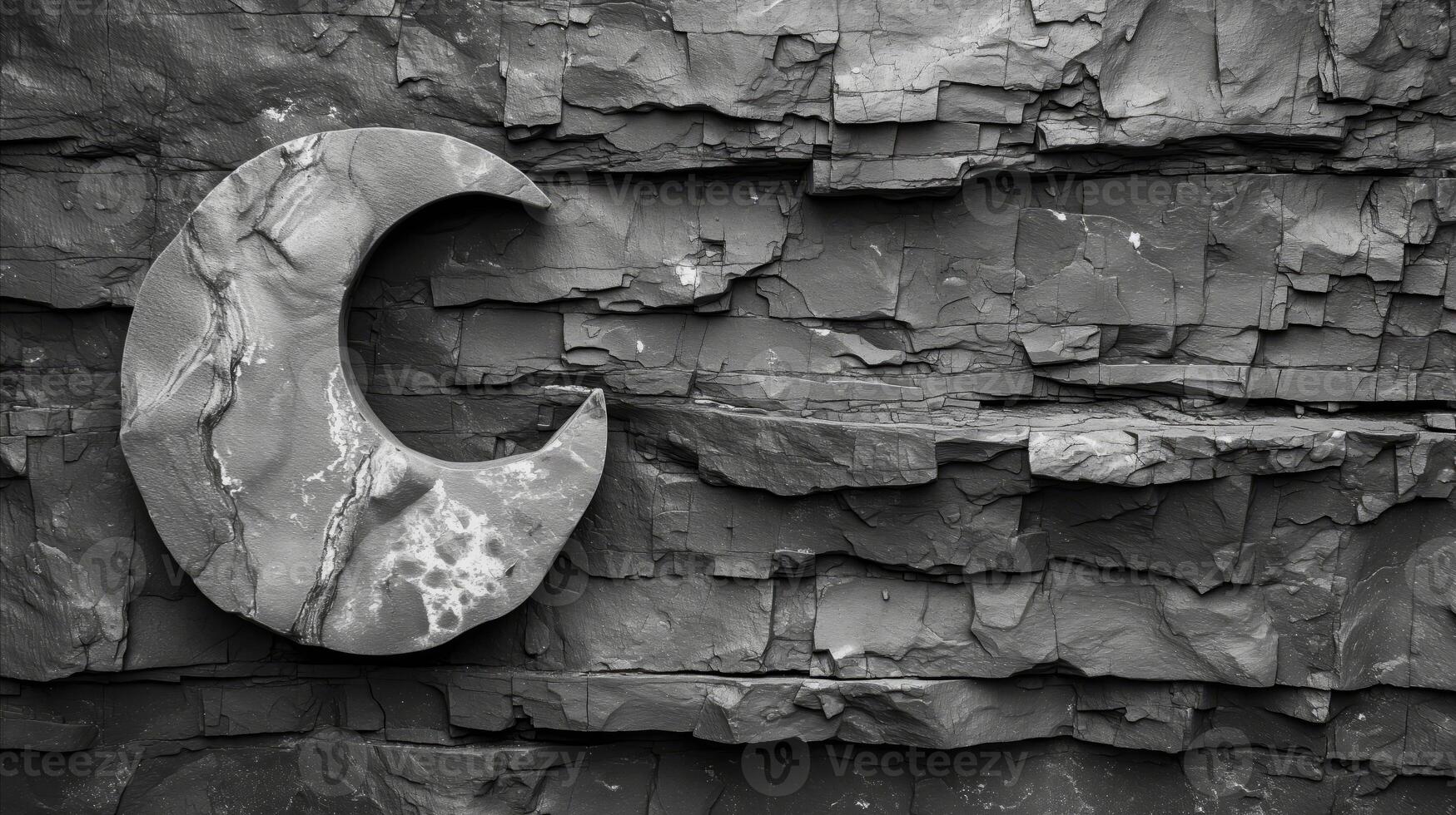 AI generated Abstract black and white image of a crescent moon sculpture on textured wall photo