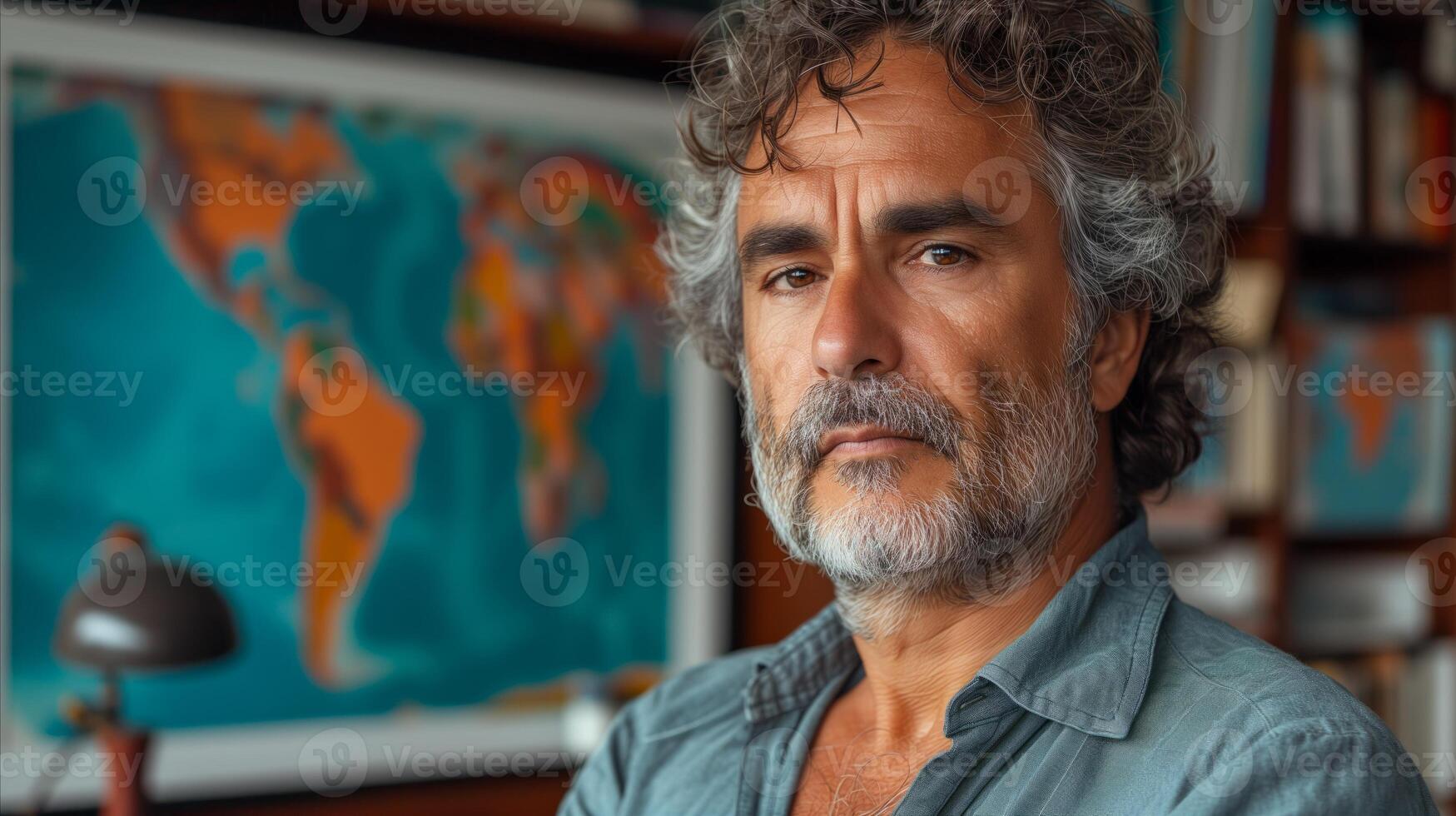 AI generated Mature man with world map background in a study room photo