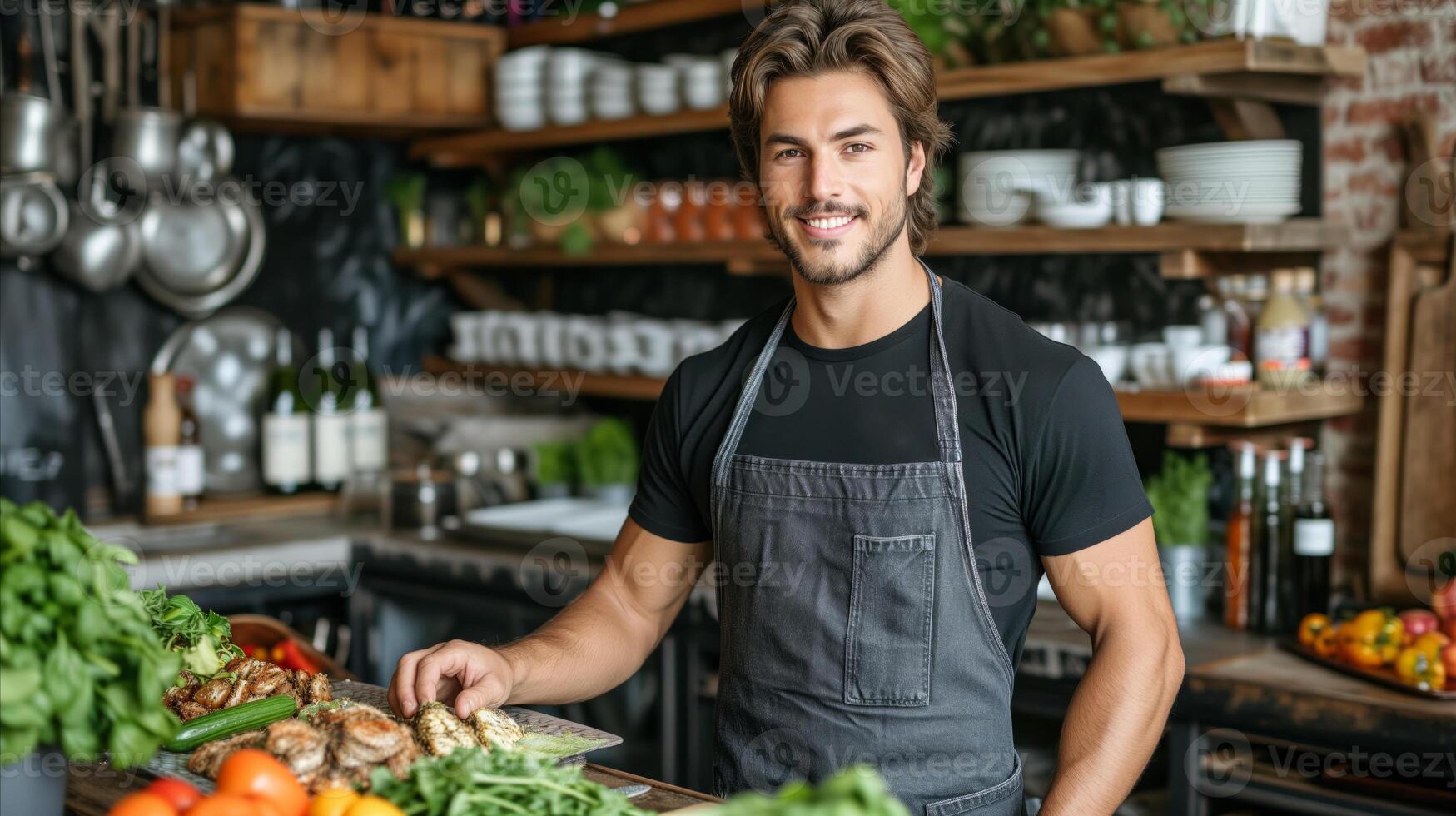AI generated Man Standing in Front of Vegetable-Filled Counter photo