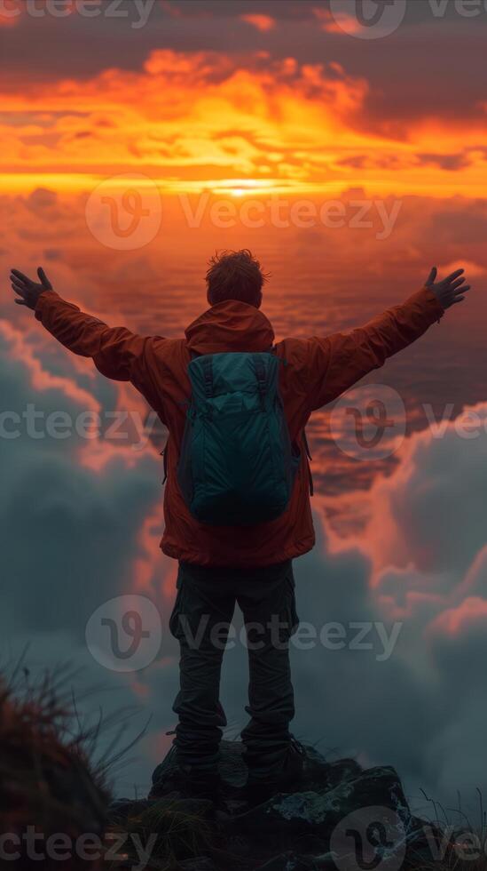 AI generated Man Standing on Mountain, Arms Wide Open photo