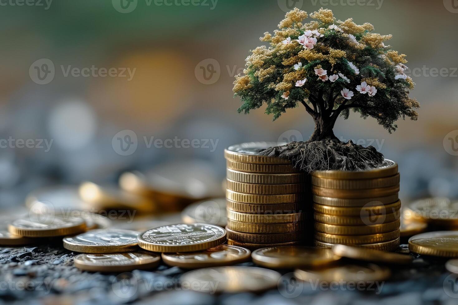 AI generated Small Tree on Pile of Coins photo