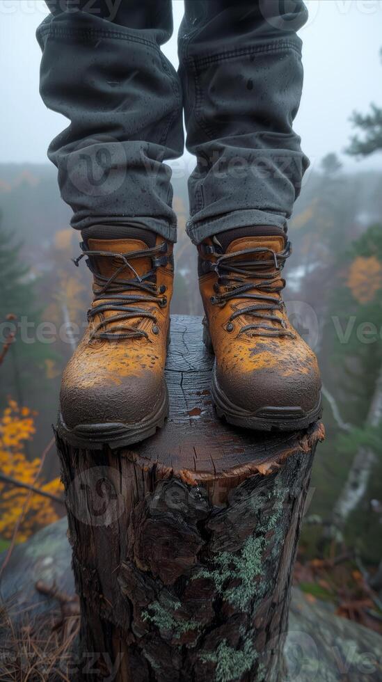 AI generated Adventurous hiker stands on tree stump in misty autumn forest photo
