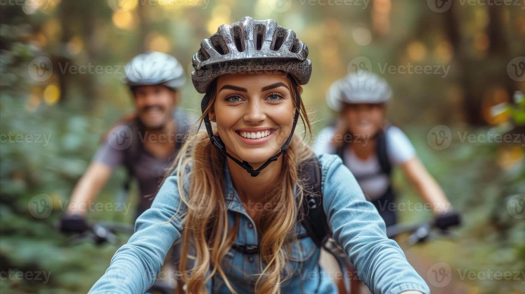 AI generated Woman Riding Bike Down Forest Trail photo