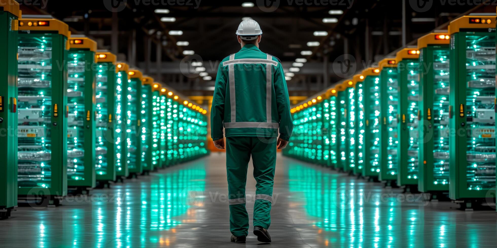 AI generated Engineer inspecting servers in data center corridor with led lights photo