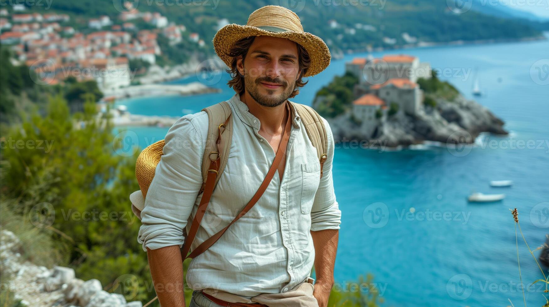AI generated Man With Hat and Backpack on Cliff photo