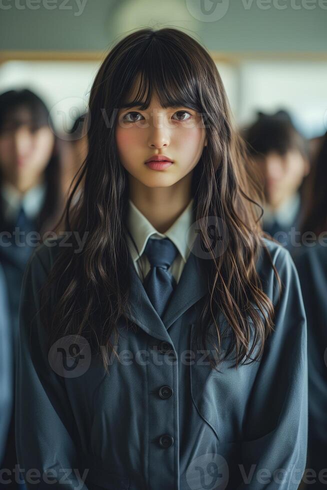 AI generated Girl in School Uniform Standing in Front of Group of Girls photo