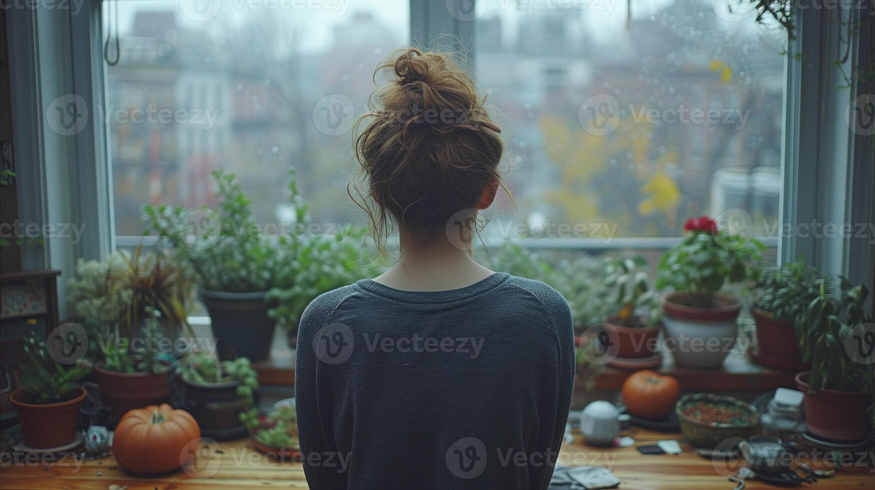 AI generated Woman Standing in Front of Window With Potted Plants photo