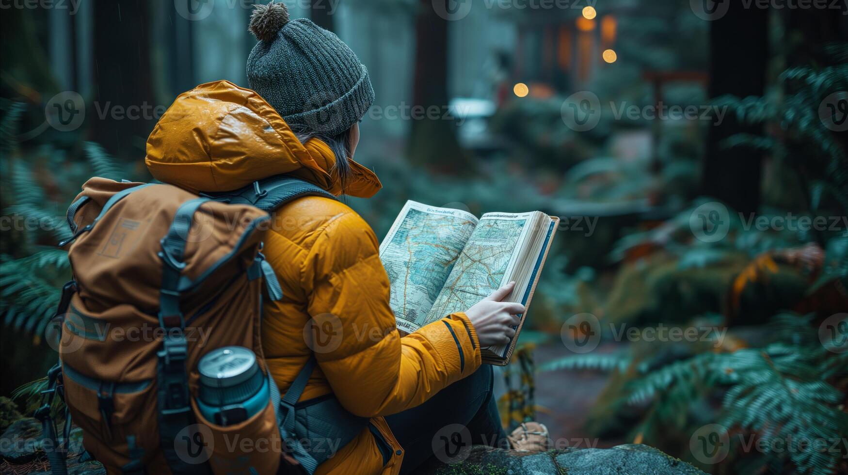 AI generated Person in Yellow Jacket Reading Map photo