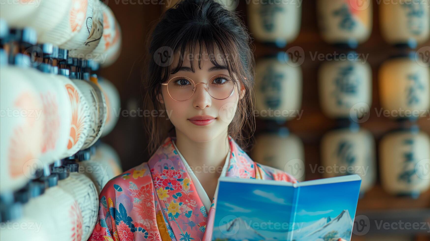 AI generated Woman in Kimono Reading Book photo