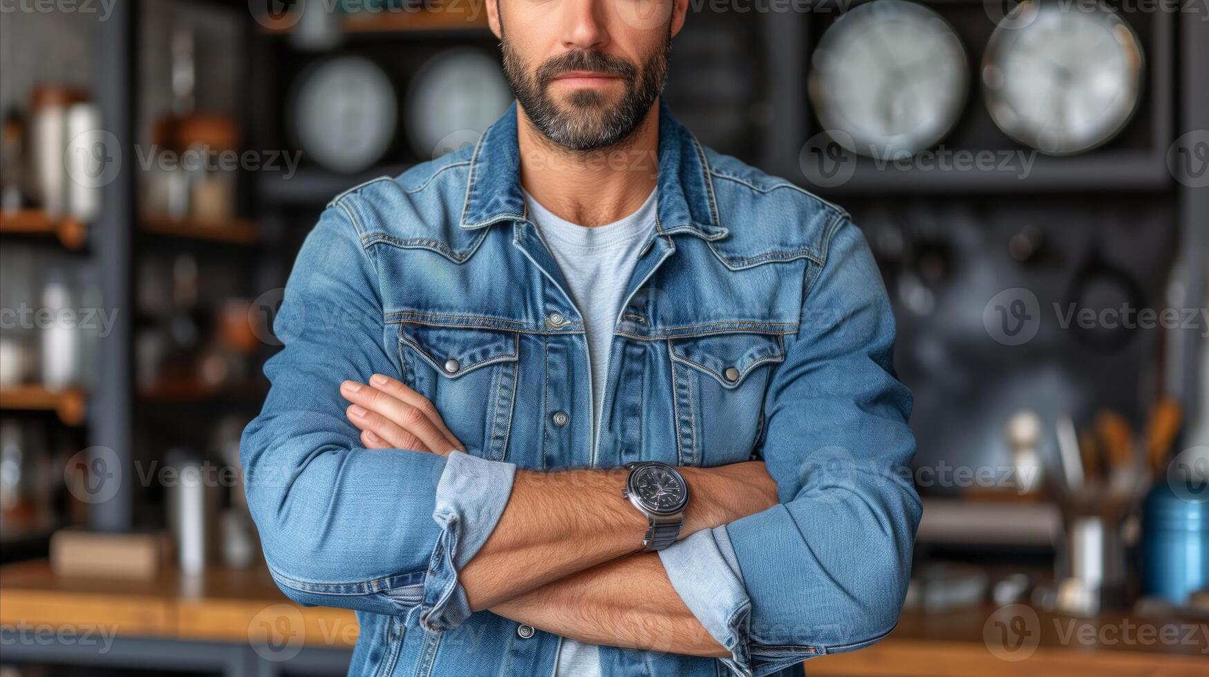 AI generated Confident man in denim jacket standing with arms crossed in a modern kitchen photo