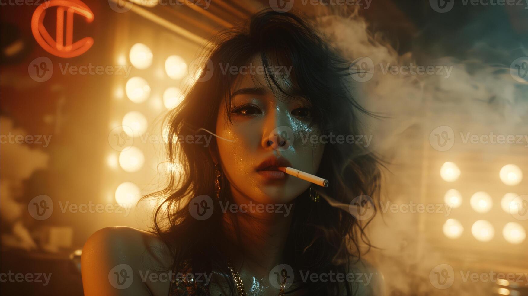 AI generated Woman Smoking Cigarette in Dark Room photo